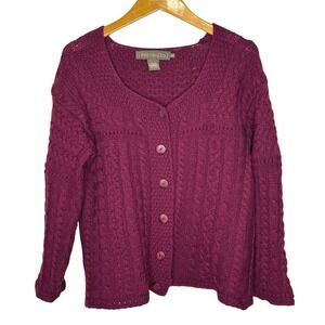 Inis Crafts Irish Wool Cardigan Cable Knit Burgundy Small‎
